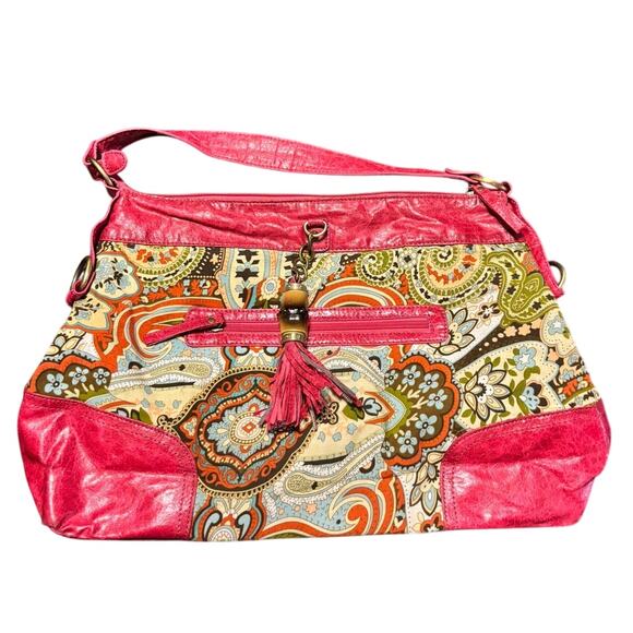 Unbranded Handbags - Boho Paisley Shoulder Bag Pink Faux Leather Trim Tassel Zip Purse Medium